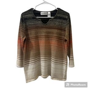 Alfred Dunner Womens Orange Cream Striped Quarter Sleeves Top Size Small